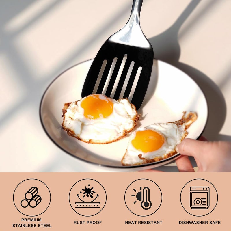 JXWING 3-Piece Cooking Utensils Set Stainless Steel Large Serving Spoons Set Slotted Spoon Spatula Turner Skimmer Commercial and Residential Use Dishwasher Safe, Black - Image 4